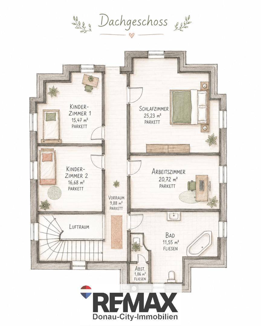 Grundriss des Dachgeschosses mit Schlafzimmer, zwei Kinderzimmern, Arbeitszimmer und Badezimmer.