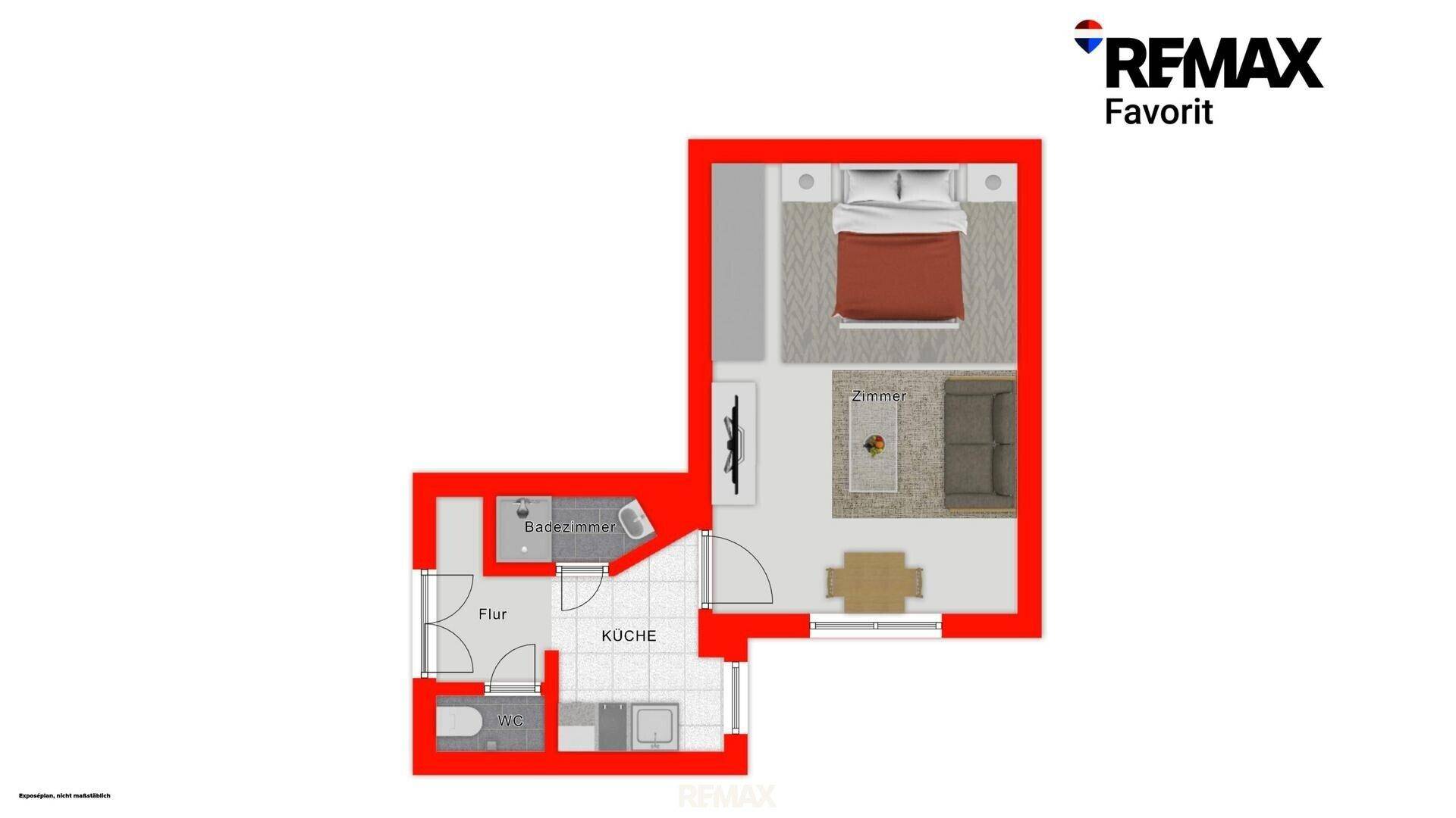 Grundriss einer kleinen Wohnung mit Schlafzimmer, Wohnbereich, Küche und separatem WC.