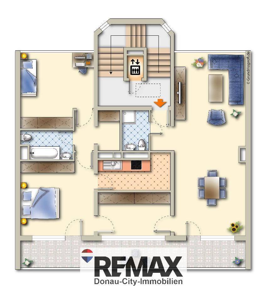 Grundriss einer Wohnung mit zwei Schlafzimmern, zwei Bädern und offenem Wohnbereich.