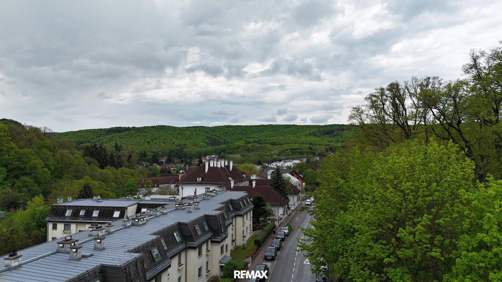 Weitläufiger Blick über eine Siedlung mit Dächern und grünen Hügeln unter bewölktem Himmel.