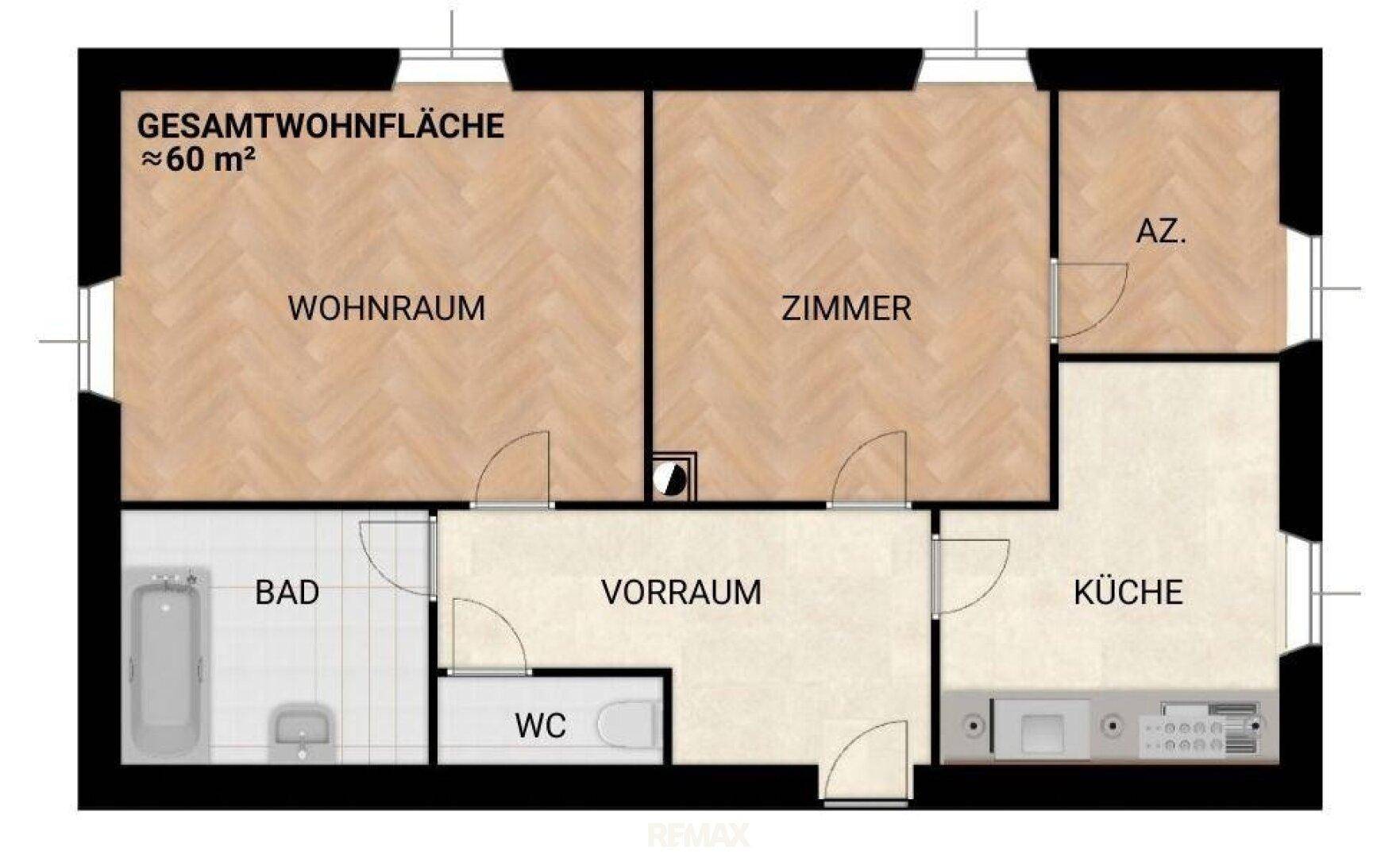 Grundriss einer Wohnung mit ca. 60 m² Wohnfläche, aufgeteilt in Wohnraum, Zimmer, Bad, WC, Vorraum und Küche.