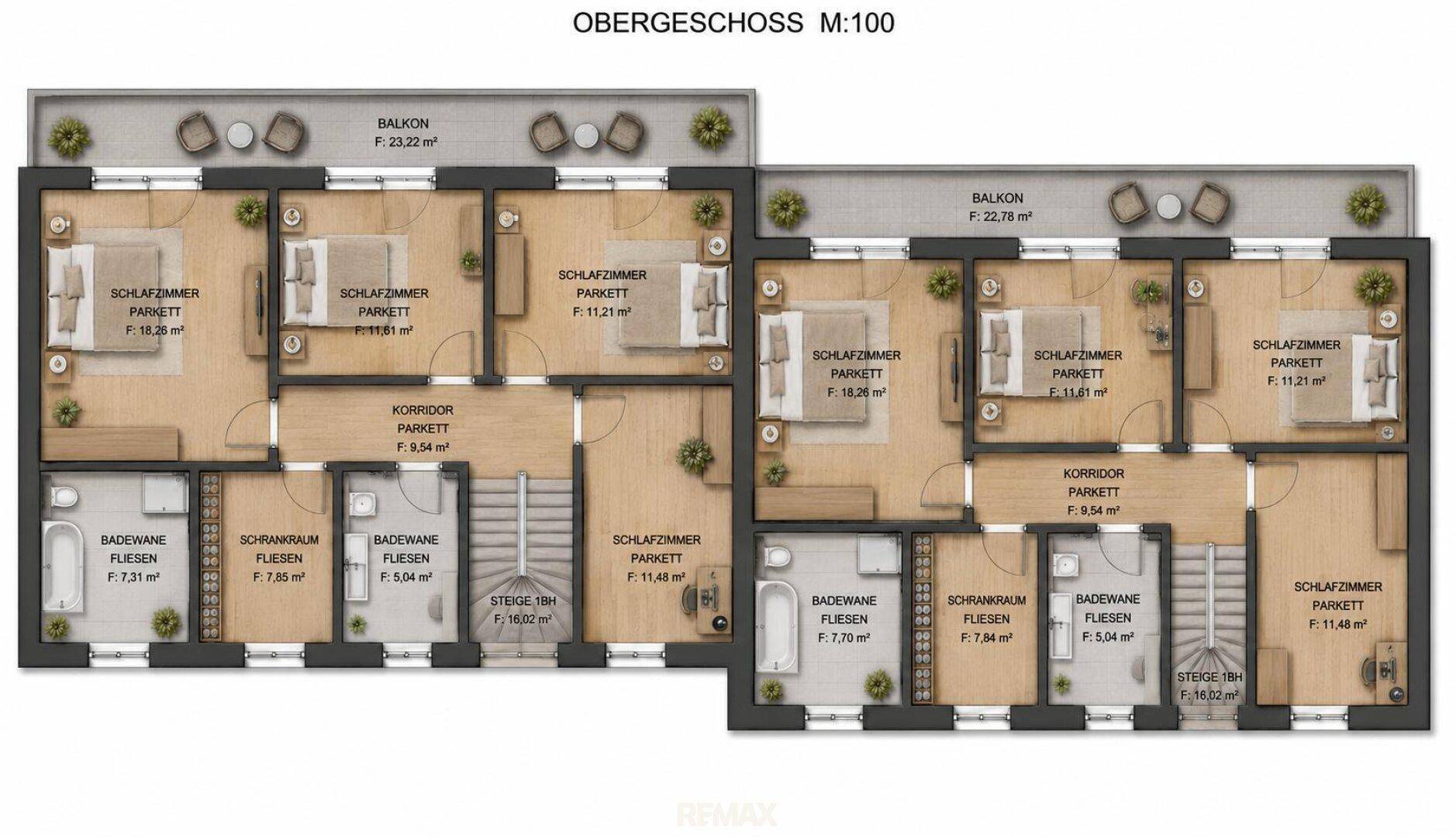 Grundriss des Obergeschosses mit mehreren Schlafzimmern, Bädern und Balkonen.