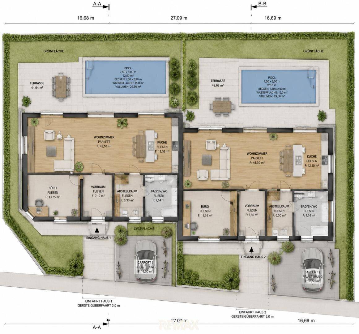 Grundriss des Erdgeschosses mit offenem Wohnbereich, Küche, Büro, Terrasse und Pool.