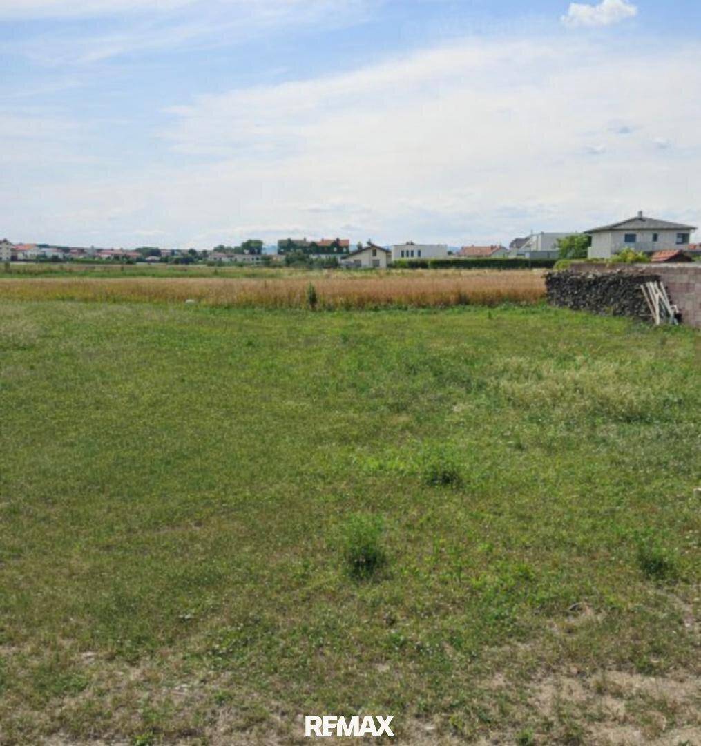 Großes, unbebautes Grundstück mit Grasfläche und Blick auf die umliegende Bebauung und Landschaft.