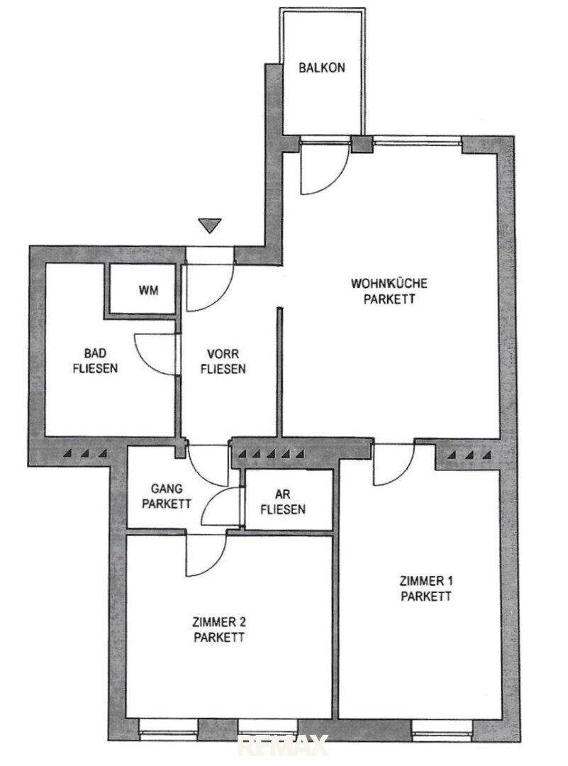 Grundriss der Wohnung mit Wohnküche, zwei Zimmern, Bad und Balkon.