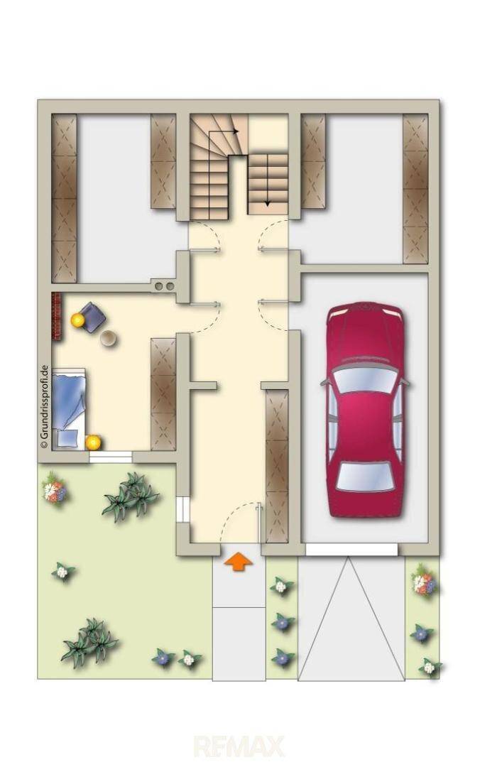 Grundriss des Untergeschosses mit Garage, Abstellraum und Eingangsbereich.