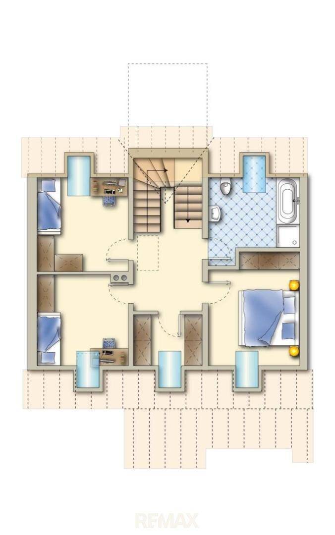 Grundriss des Obergeschosses mit drei Schlafzimmern und einem Badezimmer.