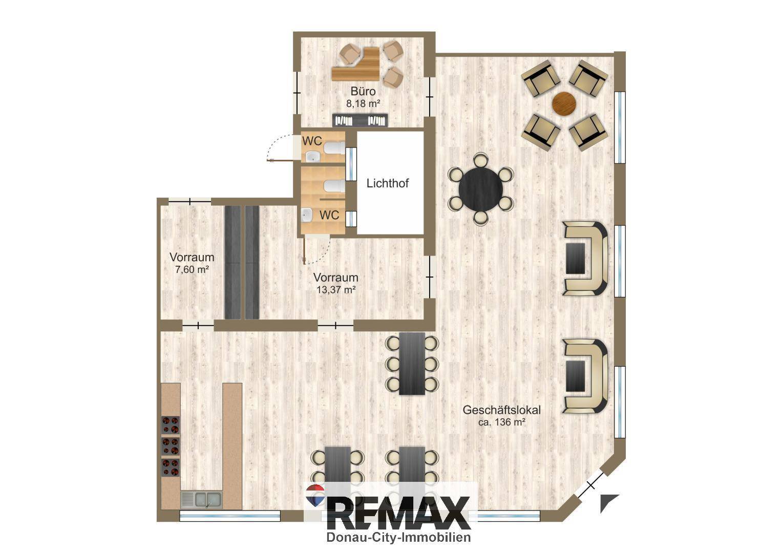 Grundriss eines Geschäftslokals mit Büro, Vorräumen und zwei Toiletten, ca. 136 m² groß.