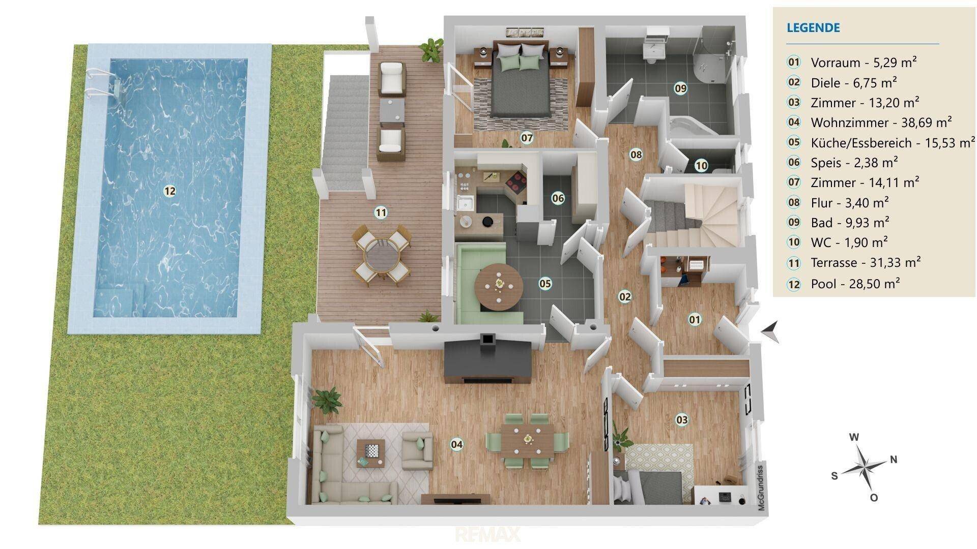 Detaillierter Grundriss des Erdgeschosses mit Pool, Terrasse und Wohnbereichen.