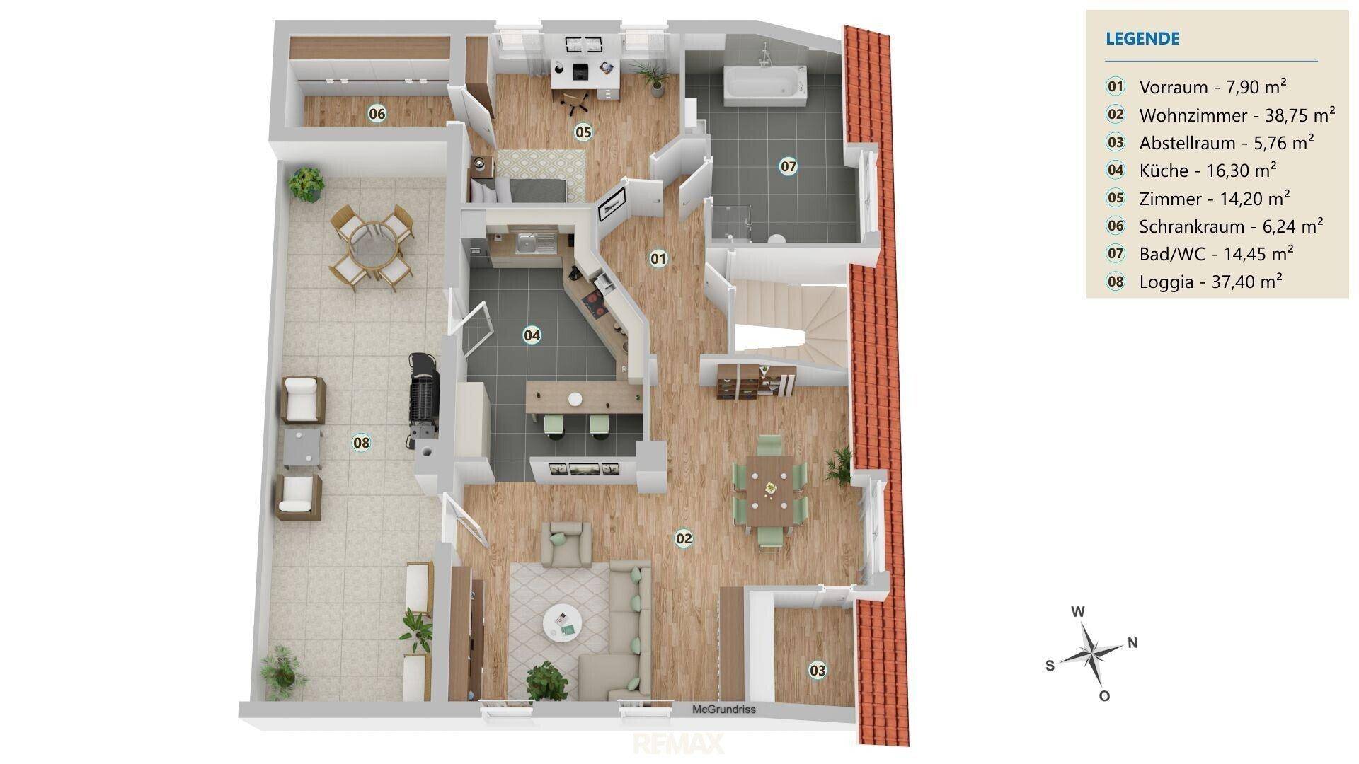 Detaillierter Grundriss des Obergeschosses mit Loggia, Schlafzimmern und Bädern.