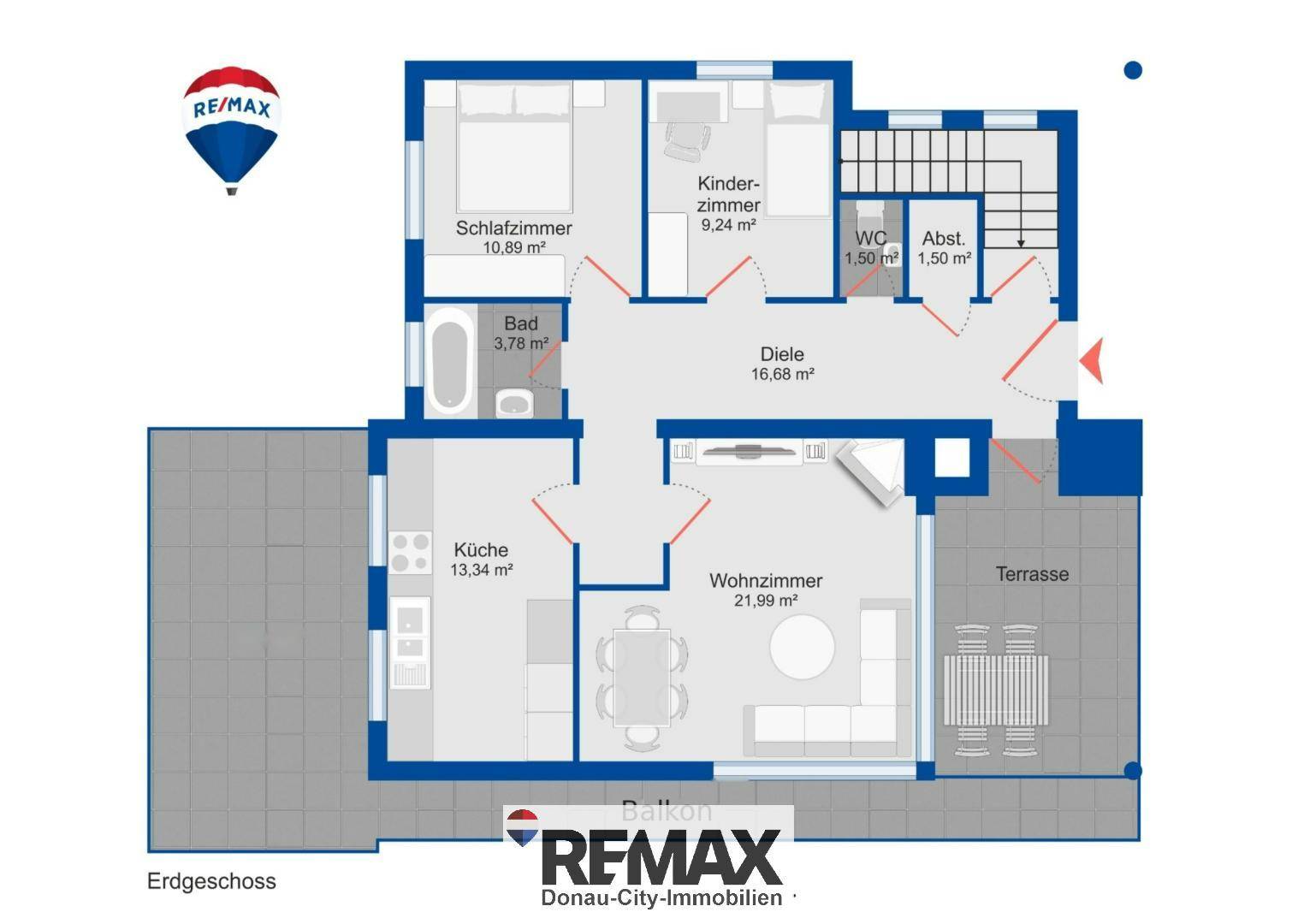 Grundriss des Erdgeschosses mit Wohnzimmer, Küche, Schlafzimmer und Terrasse.