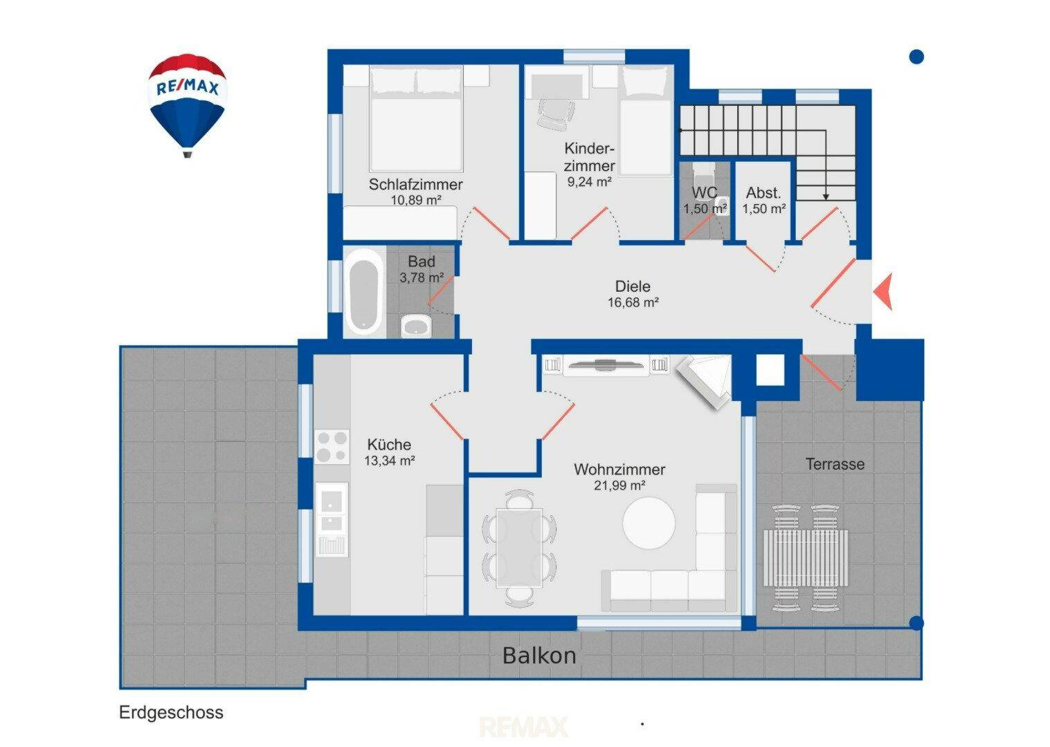 Grundriss des Erdgeschosses mit Schlafzimmer, Kinderzimmer, Bad, Küche, Wohnzimmer, Terrasse und Balkon.