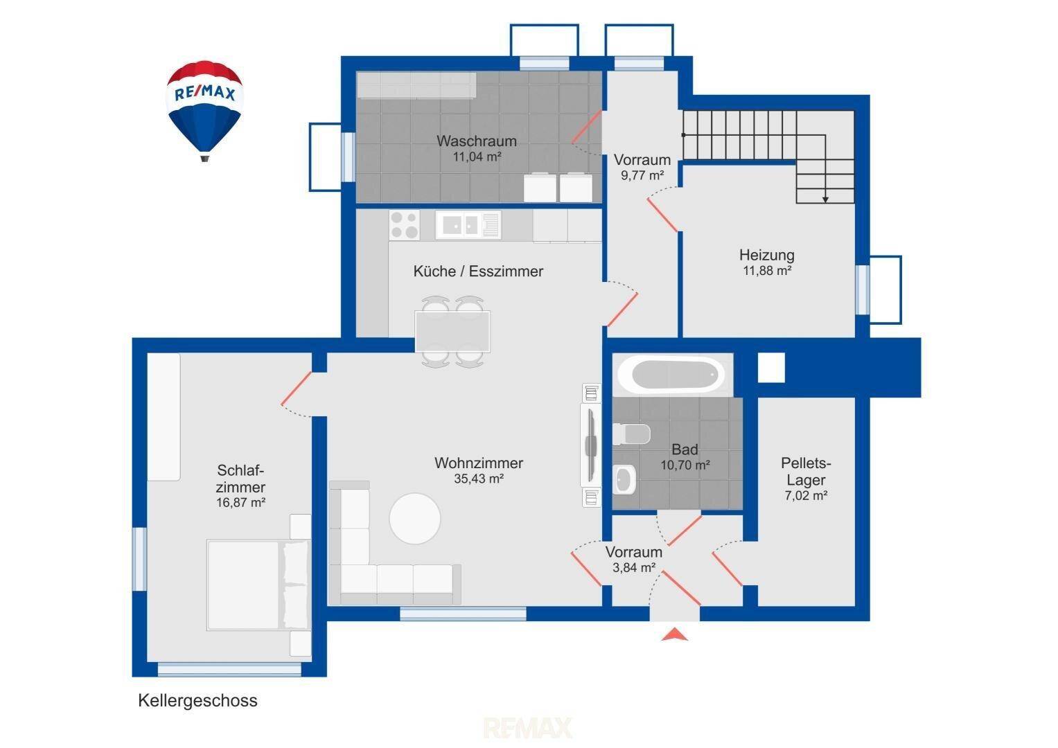Grundriss des Kellergeschosses mit Waschraum, Heizung, Bad, Schlafzimmer, Wohnzimmer und Küche/Esszimmer.