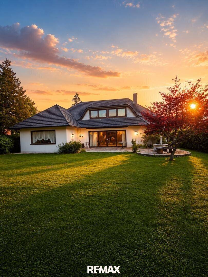 Hausansicht bei Sonnenuntergang mit großem Rasen, Terrasse und beleuchteter Fassade.