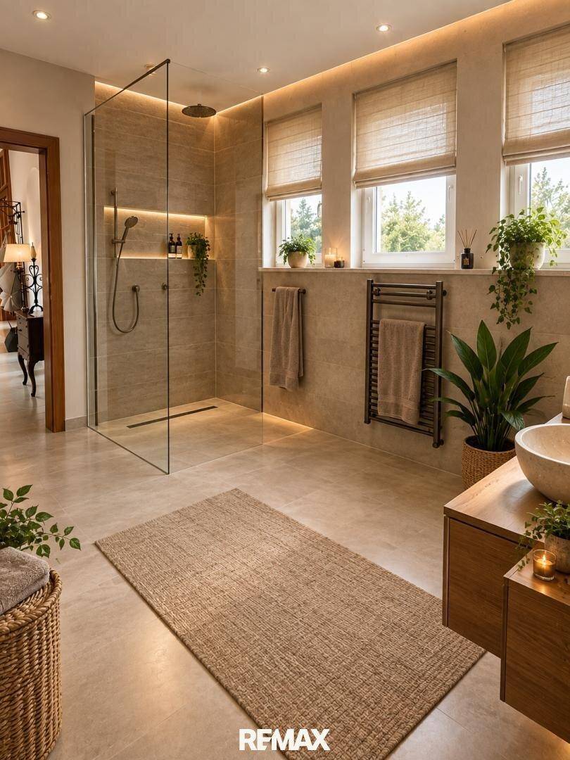 Stilvolles Badezimmer mit großer begehbarer Dusche, Holzwaschtisch und indirekter Beleuchtung.