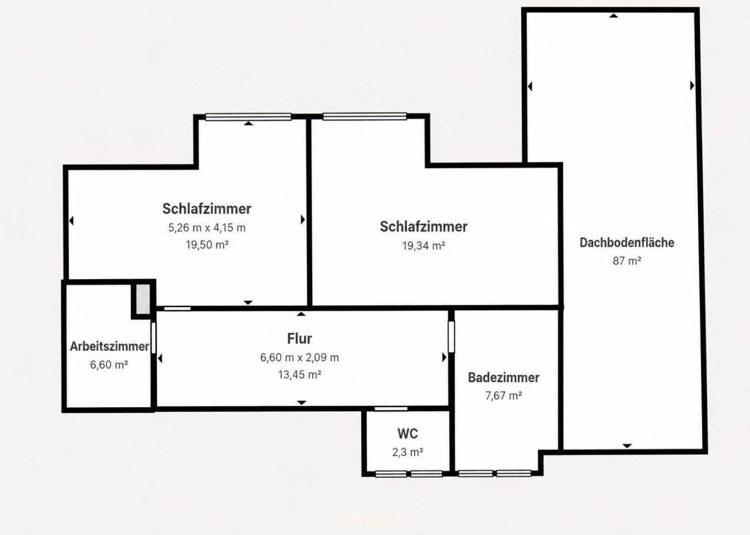 Grundriss mit zwei Schlafzimmern, Arbeitszimmer, Badezimmer, separatem WC und Dachbodenfläche.