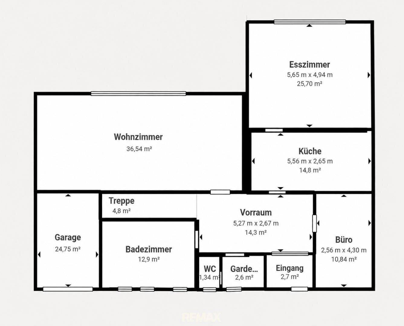Grundriss des Erdgeschosses mit Wohnzimmer, Esszimmer, Küche und Garage.