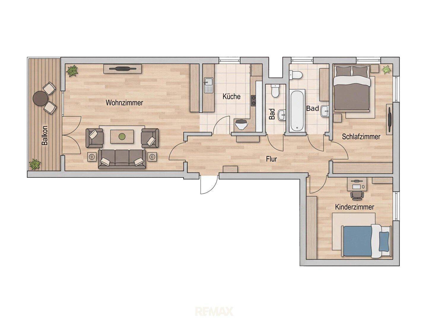 Grundriss einer Wohnung mit Wohnzimmer, separater Küche, zwei Bädern, Schlafzimmer, Kinderzimmer und Balkon.