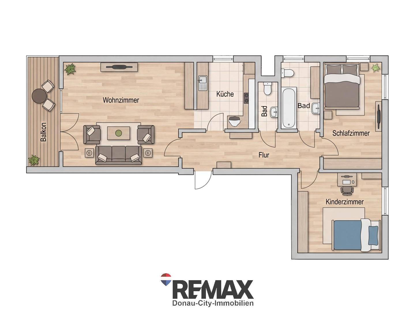 Grundriss einer Wohnung mit Wohnzimmer, Küche, zwei Bädern, Schlafzimmer, Kinderzimmer und Balkon.