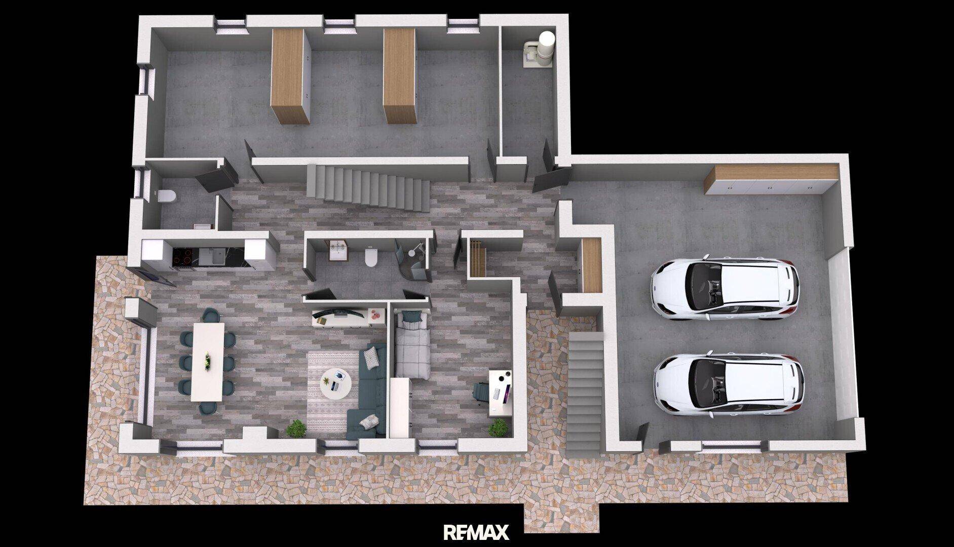 Grundriss des Erdgeschosses mit Garage, Wohnbereich und Esszimmer.