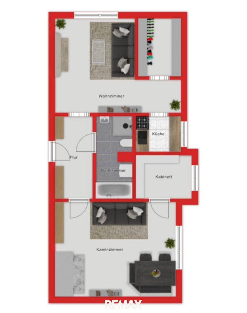 Grundrissplan mit Aufteilung in Wohnzimmer, Küche, Bad und weitere Räume.