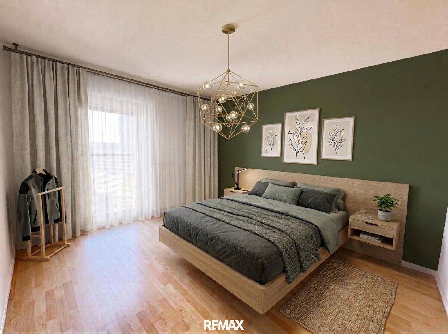Modernes Schlafzimmer mit grüner Akzentwand, Holzboden und stilvoller Beleuchtung.