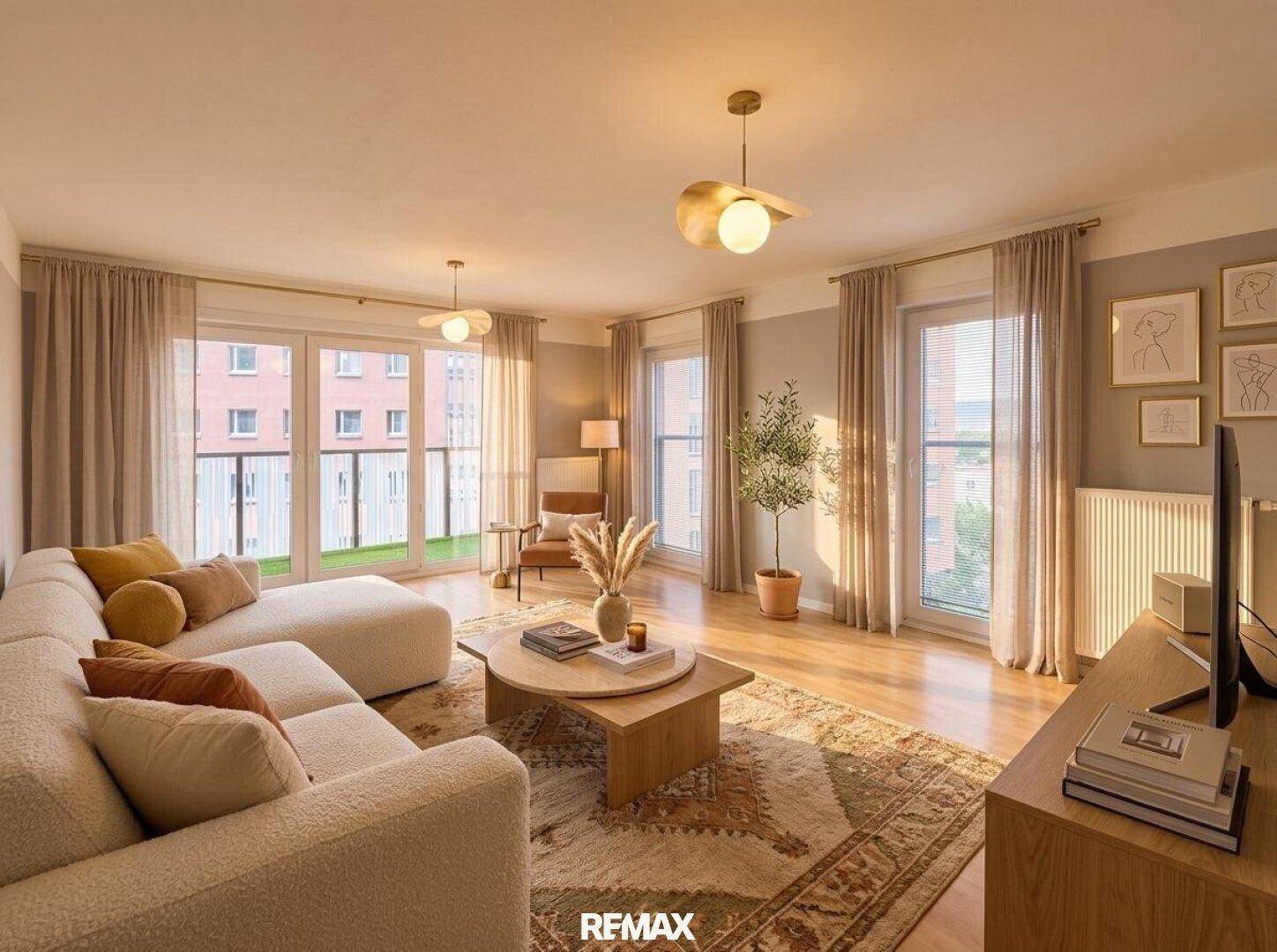 Helles, modern eingerichtetes Wohnzimmer mit großem Sofa, Holzboden und Zugang zum Balkon.