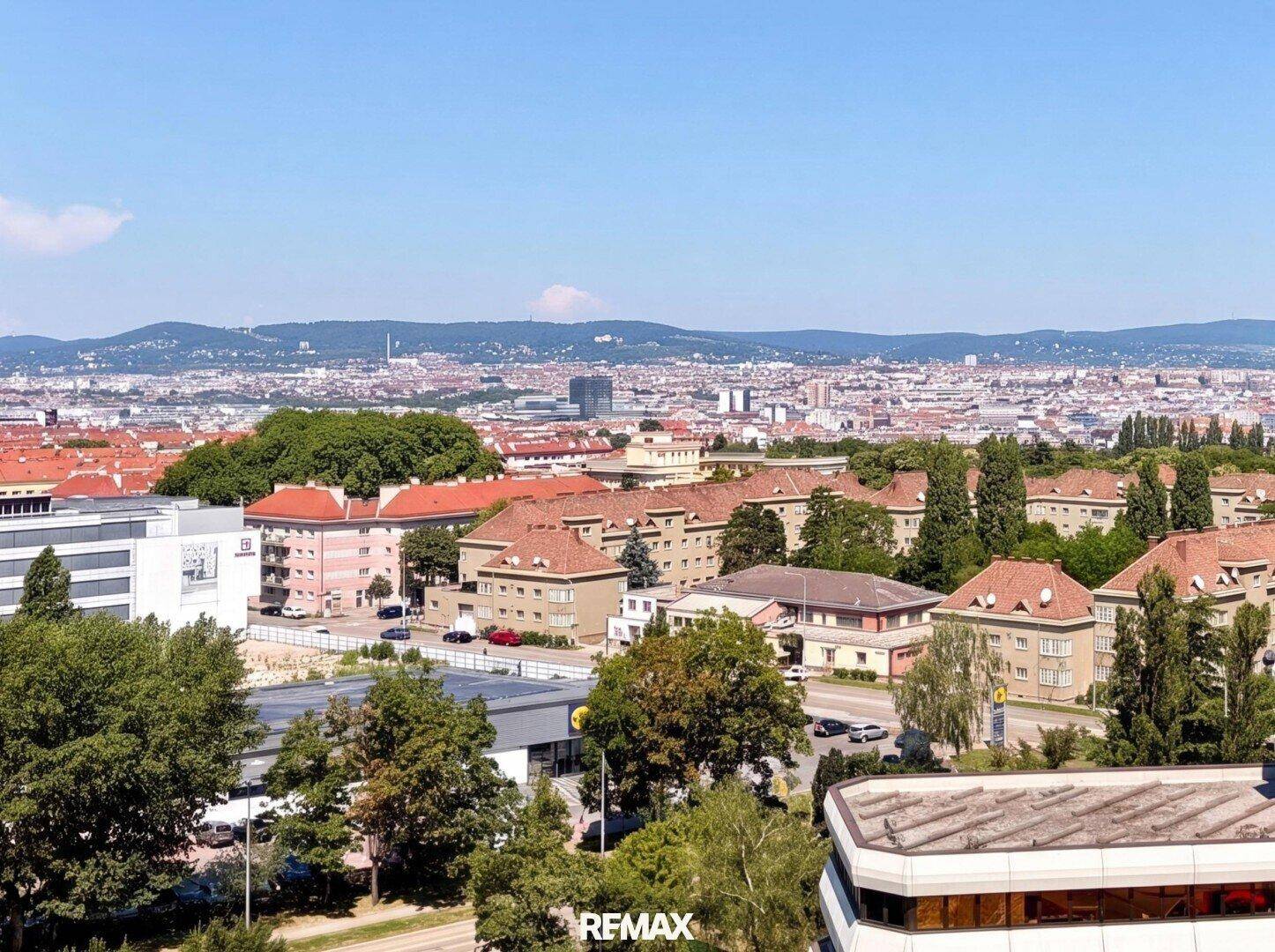 Weitläufiger Panoramablick über die Stadt Wien mit grünen Hügeln im Hintergrund an einem sonnigen Tag.