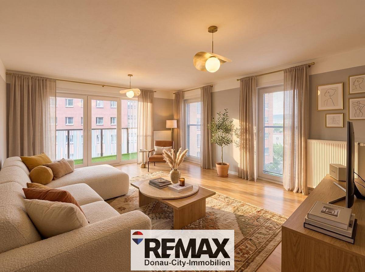 Helles Wohnzimmer mit modernem Sofa, Holzboden und Zugang zu einem Balkon.