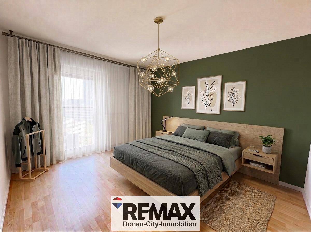 Modernes Schlafzimmer mit Holzbett, grüner Akzentwand und stilvoller Beleuchtung.