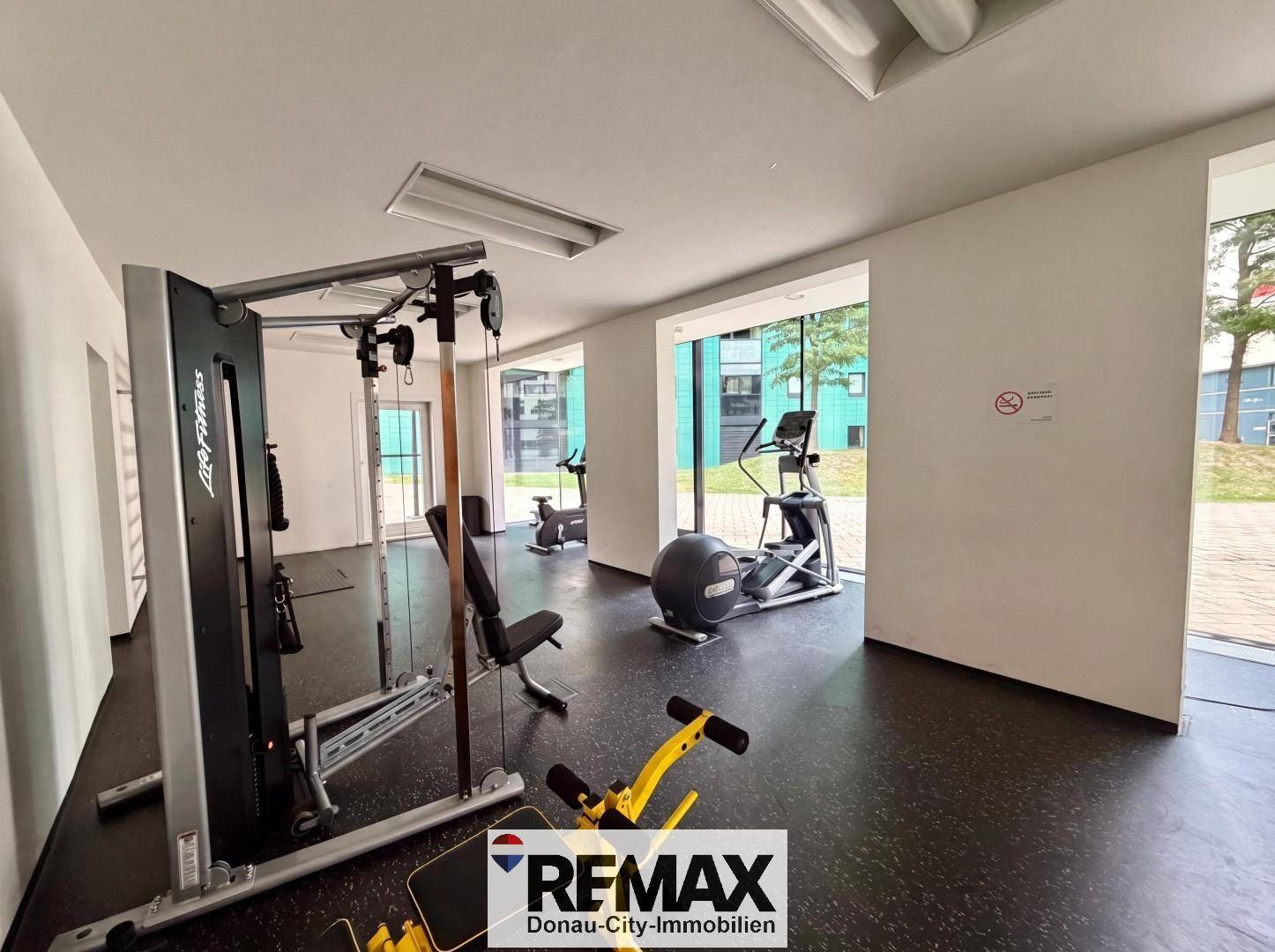 Gut ausgestatteter Fitnessraum mit verschiedenen Trainingsgeräten und großen Fenstern.