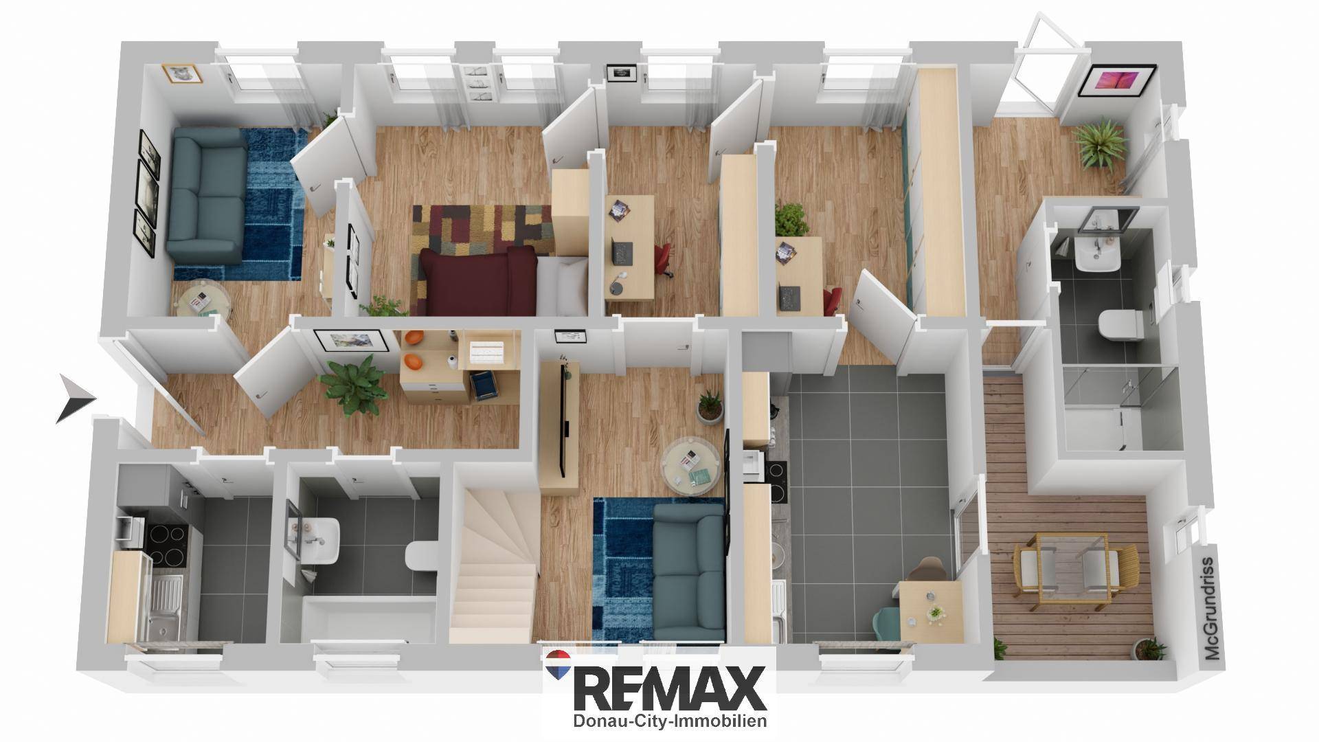 Detaillierter 3D-Grundriss des Hauses mit mehreren Zimmern und funktionaler Aufteilung.