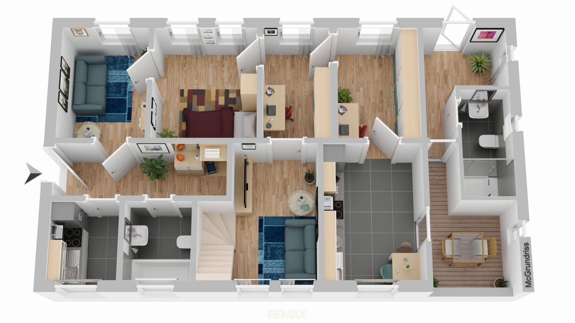 Detaillierter Grundriss einer Wohnung mit mehreren Zimmern und Außenbereichen.