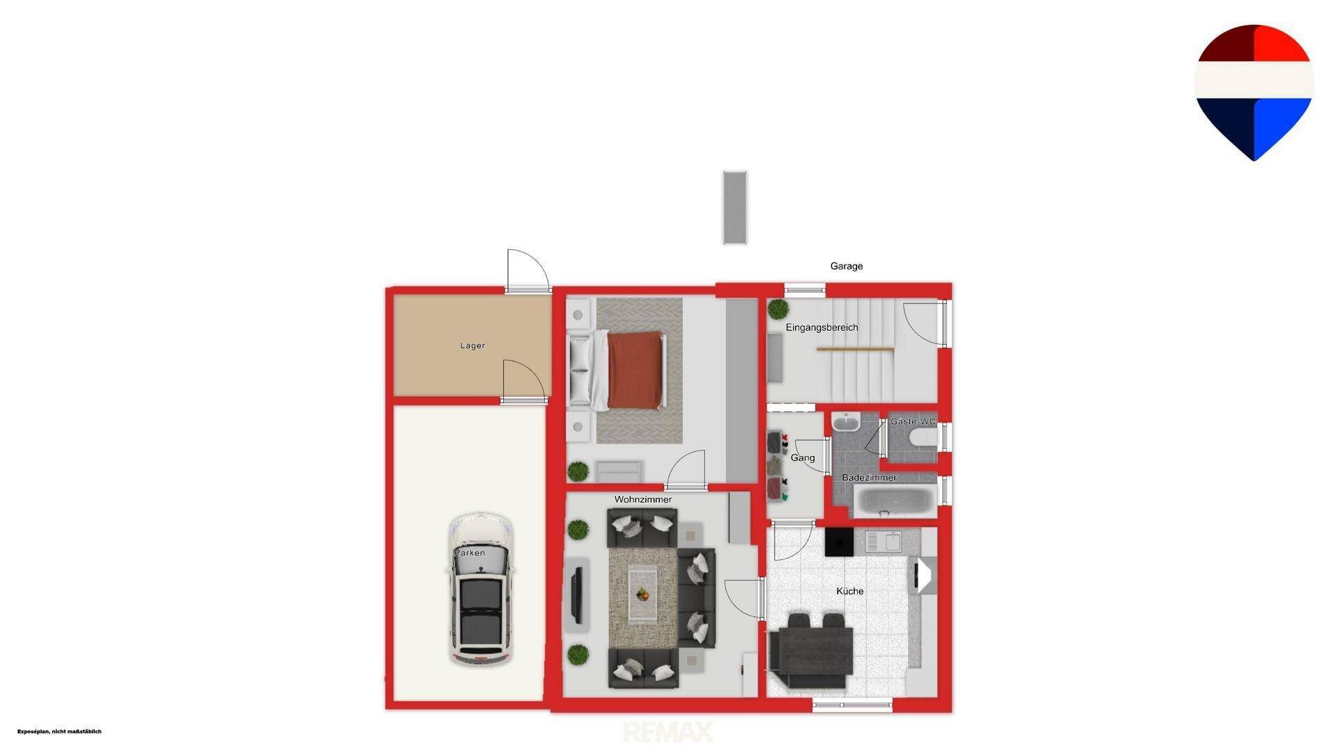 Grundriss des Erdgeschosses mit Wohnbereich, Küche, Bad, Schlafzimmer und Garage.