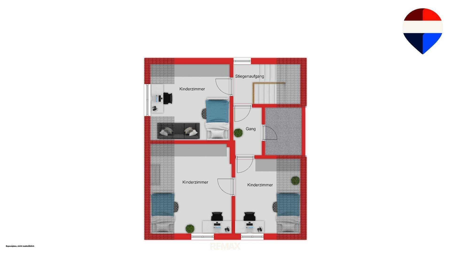 Grundriss des Obergeschosses mit drei Kinderzimmern und einem zentralen Treppenaufgang.