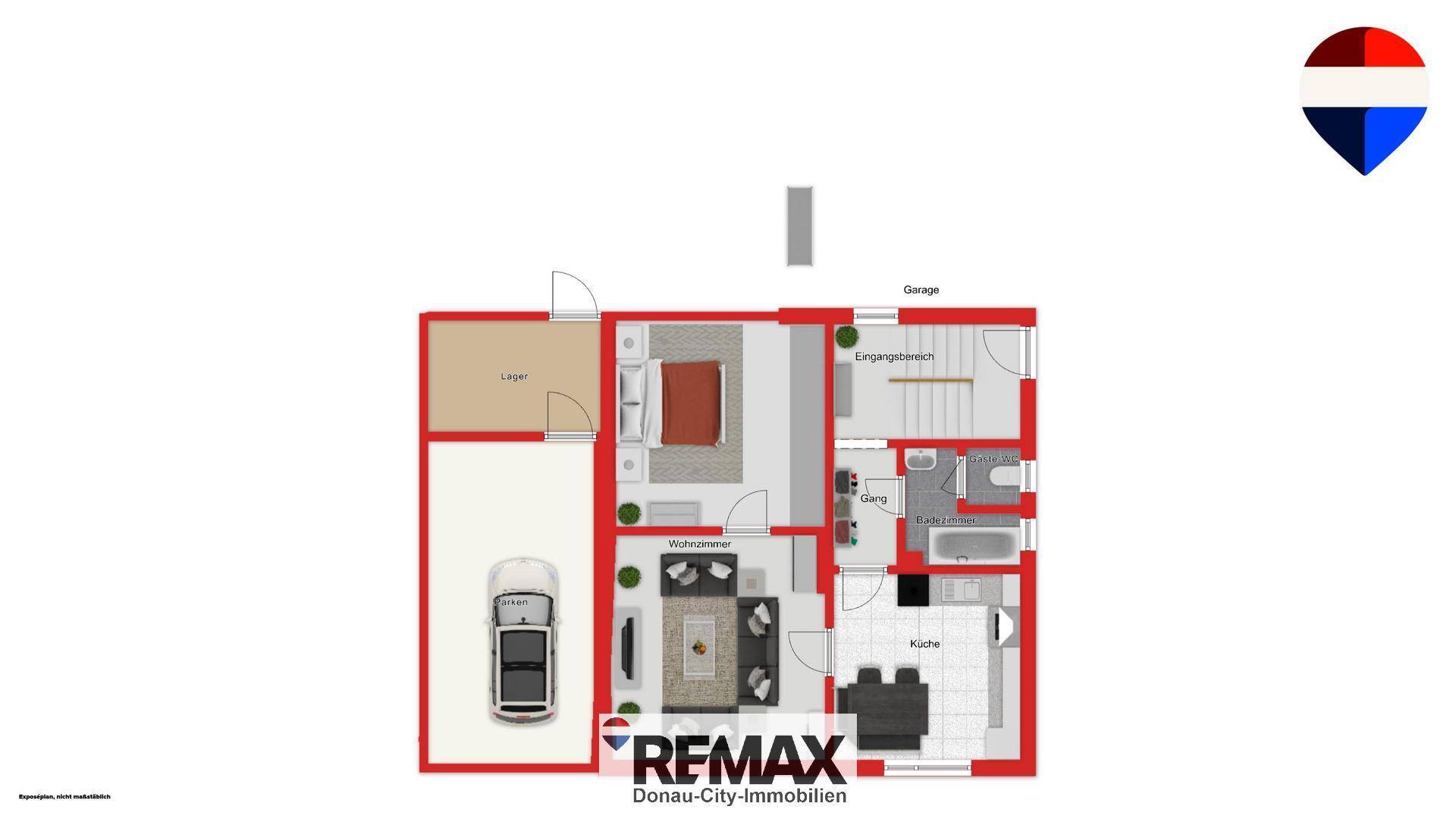 Grundriss des Erdgeschosses mit Garage, Wohnbereich, Küche und Bad.