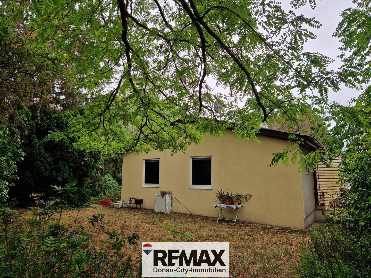 Rückseite des Hauses mit Fenstern und einem weitläufigen Gartenbereich.