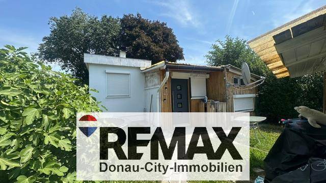 Kleines Gartenhaus mit Rollläden und Holzverkleidung, umgeben von üppiger Vegetation.