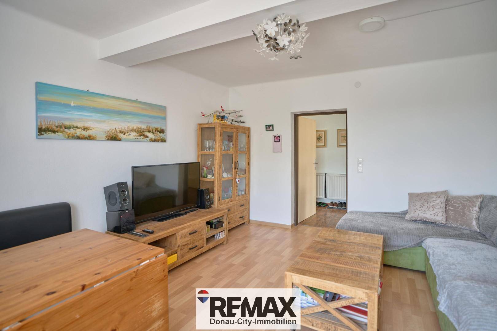 Heller Wohnbereich mit Sofa, TV-Möbeln und Durchgang zu anderen Zimmern.