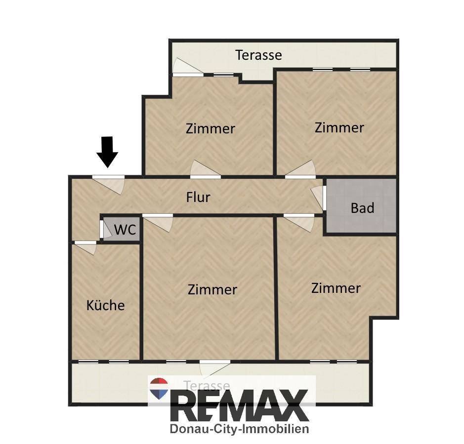 Grundriss der Wohnung mit mehreren Zimmern, Küche, Bad, WC und Terrasse.
