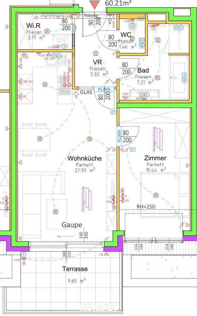Detaillierter Grundriss einer Wohnung mit Wohnküche, Zimmern und Terrasse.