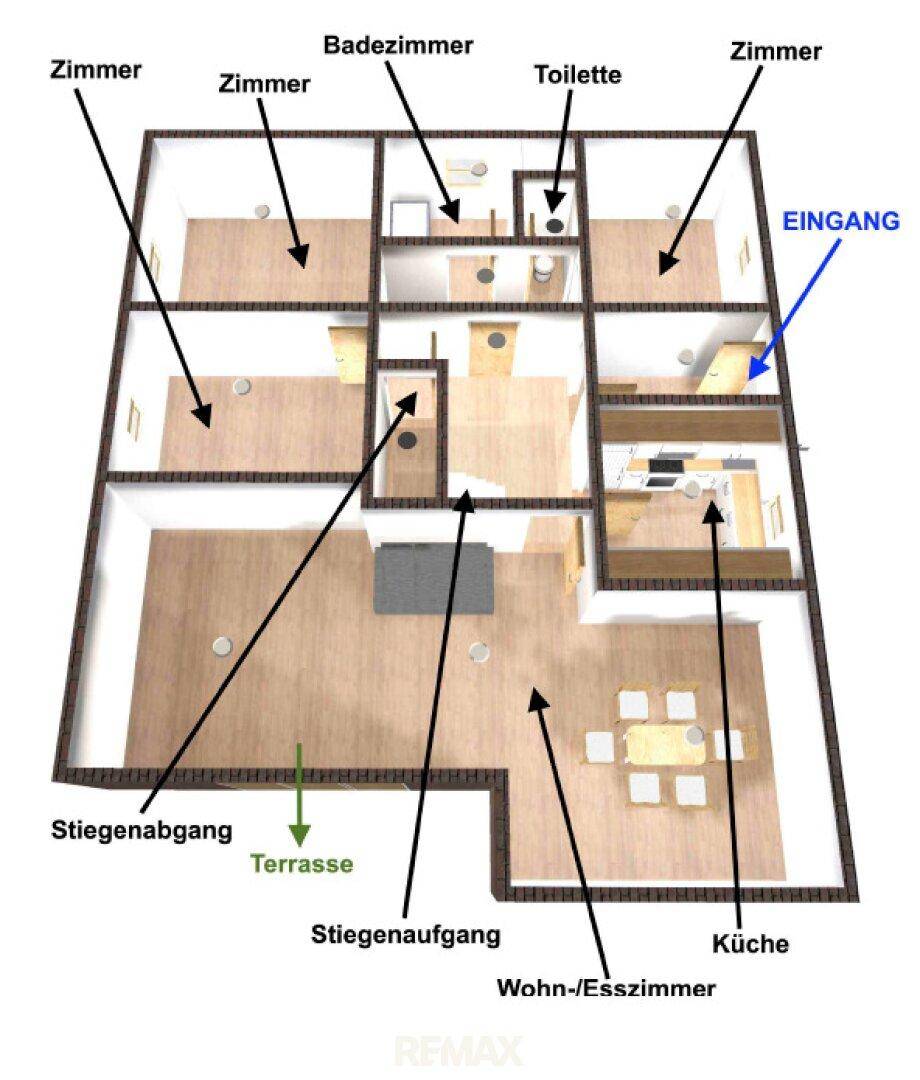 3D-Grundriss des Erdgeschosses mit Wohn-/Esszimmer, Küche, Bädern und Zimmern.