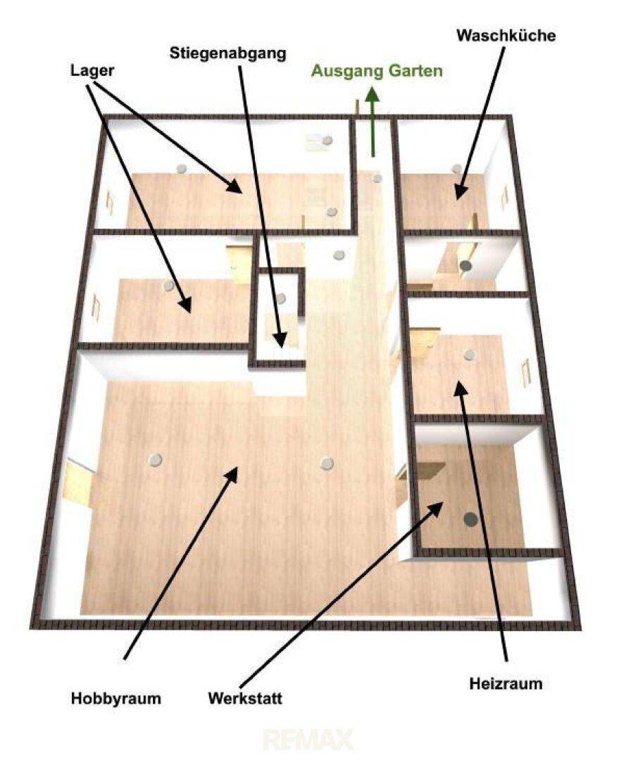 Grundriss des Untergeschosses mit Hobbyraum, Werkstatt, Heizraum, Waschküche und Gartenzugang.