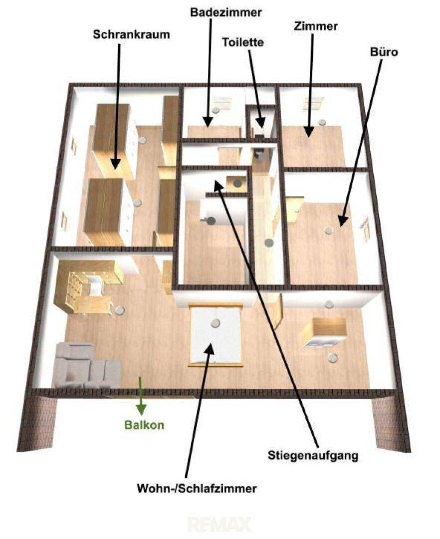 Grundriss des Obergeschosses mit Wohn-/Schlafzimmer, Bad, separater Toilette, Büro und Balkon.