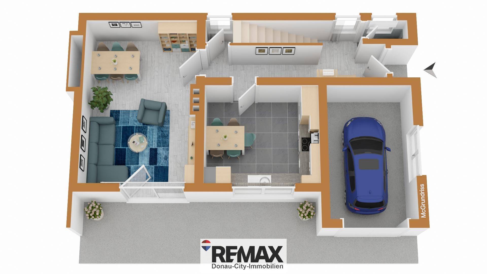 Grundriss des Erdgeschosses mit Wohnbereich, Esszimmer, Küche und Garage.