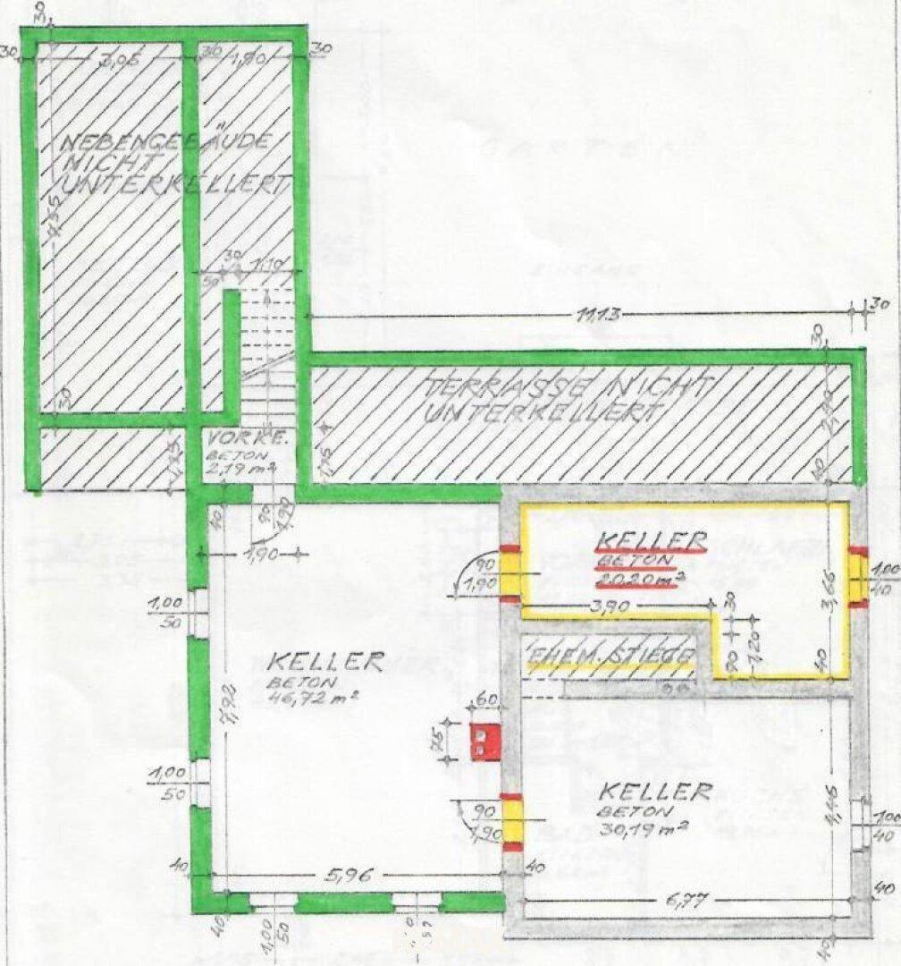 Grundriss des Kellergeschosses mit mehreren Kellerräumen und nicht unterkellerter Terrassenfläche.