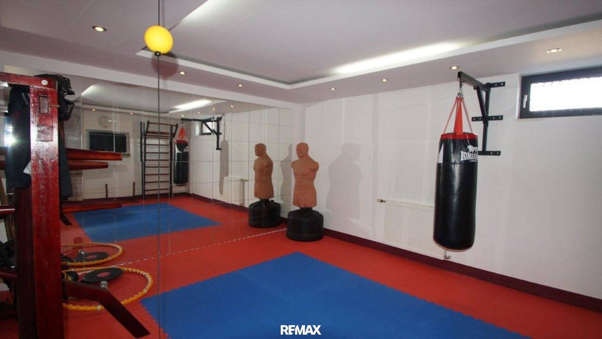 Fitnessraum im Keller mit Boxsack, Spiegelwand und Sportgeräten.