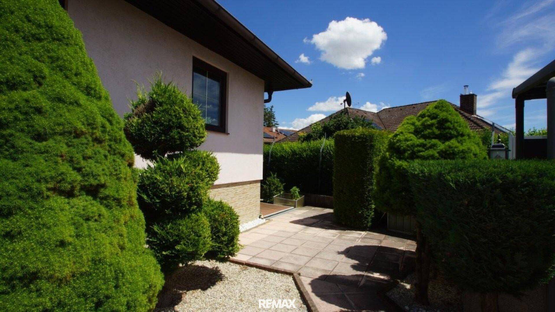 Seitlicher Gartenbereich mit gepflastertem Weg, Ziersträuchern und hohen Hecken.