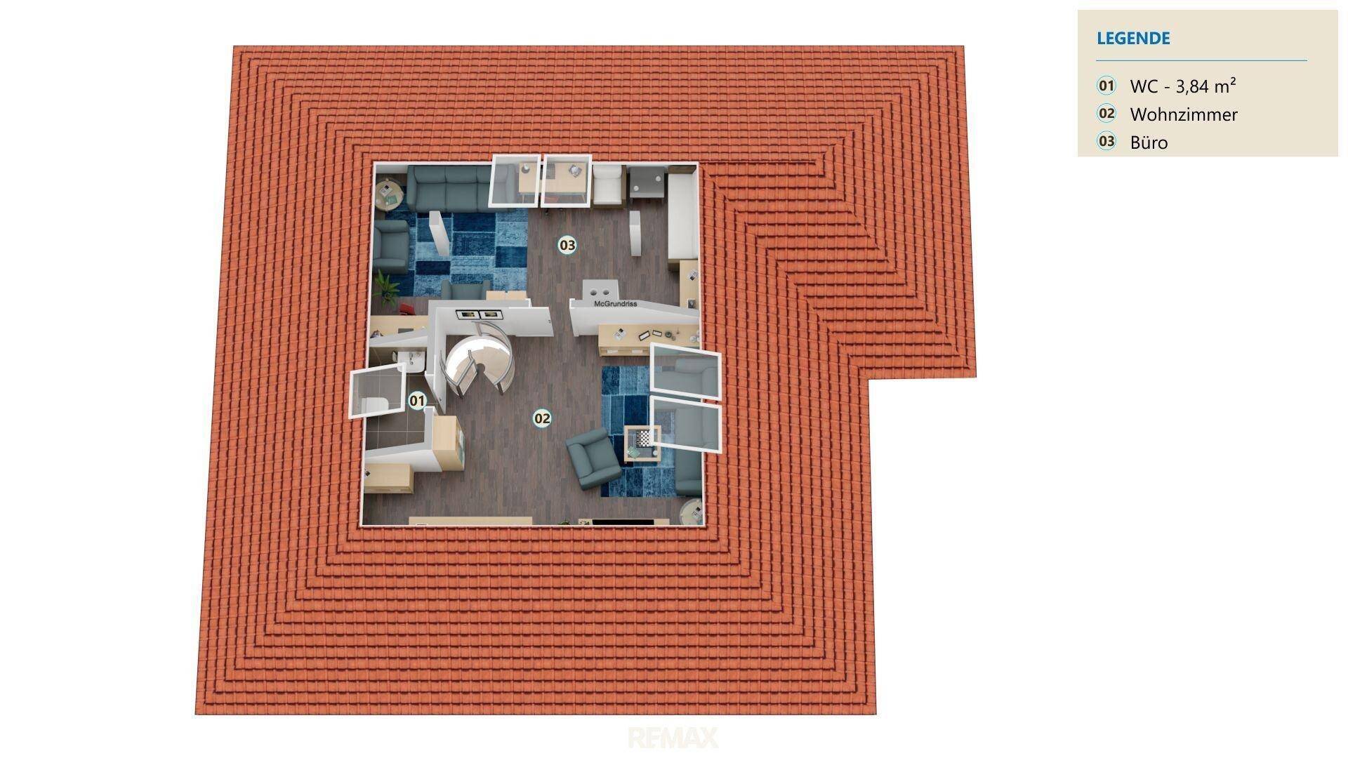 Grundriss des Dachgeschosses mit Wohnzimmer, Büro und WC unter dem Dach.