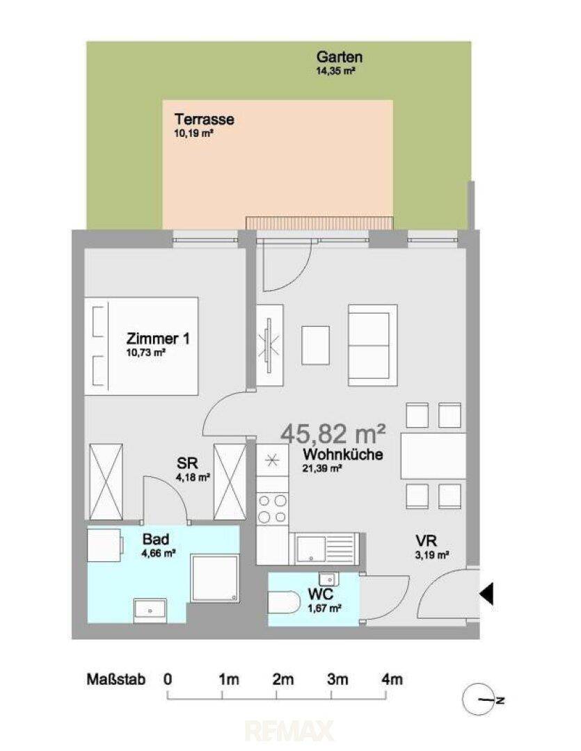 Detaillierter Grundriss der Wohnung mit Zimmeraufteilung, Terrasse und Gartenflächen.